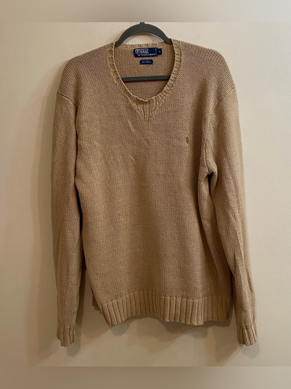 Polo Ralph Lauren Linen Cotton Knit Sweater Mens L Tan Beige Pony Logo Classic